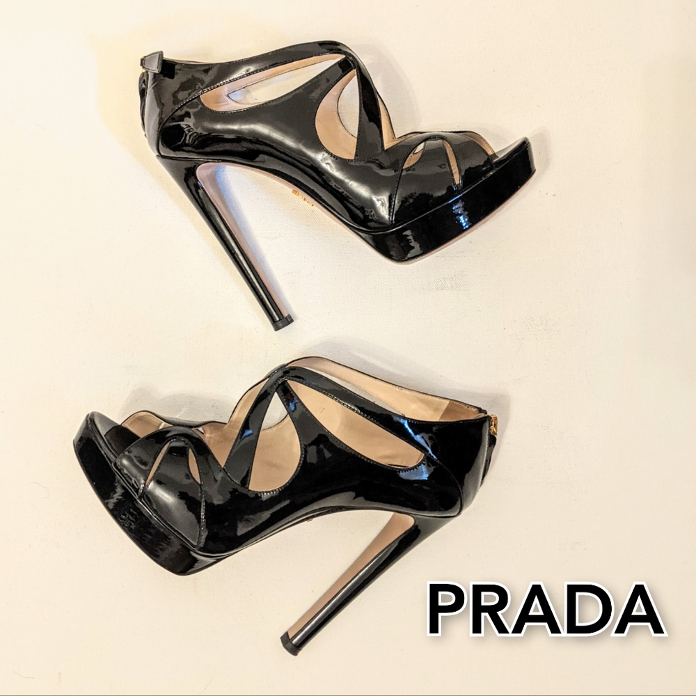 PRADA Cage Black Patent Leather Peeptoe Pumps